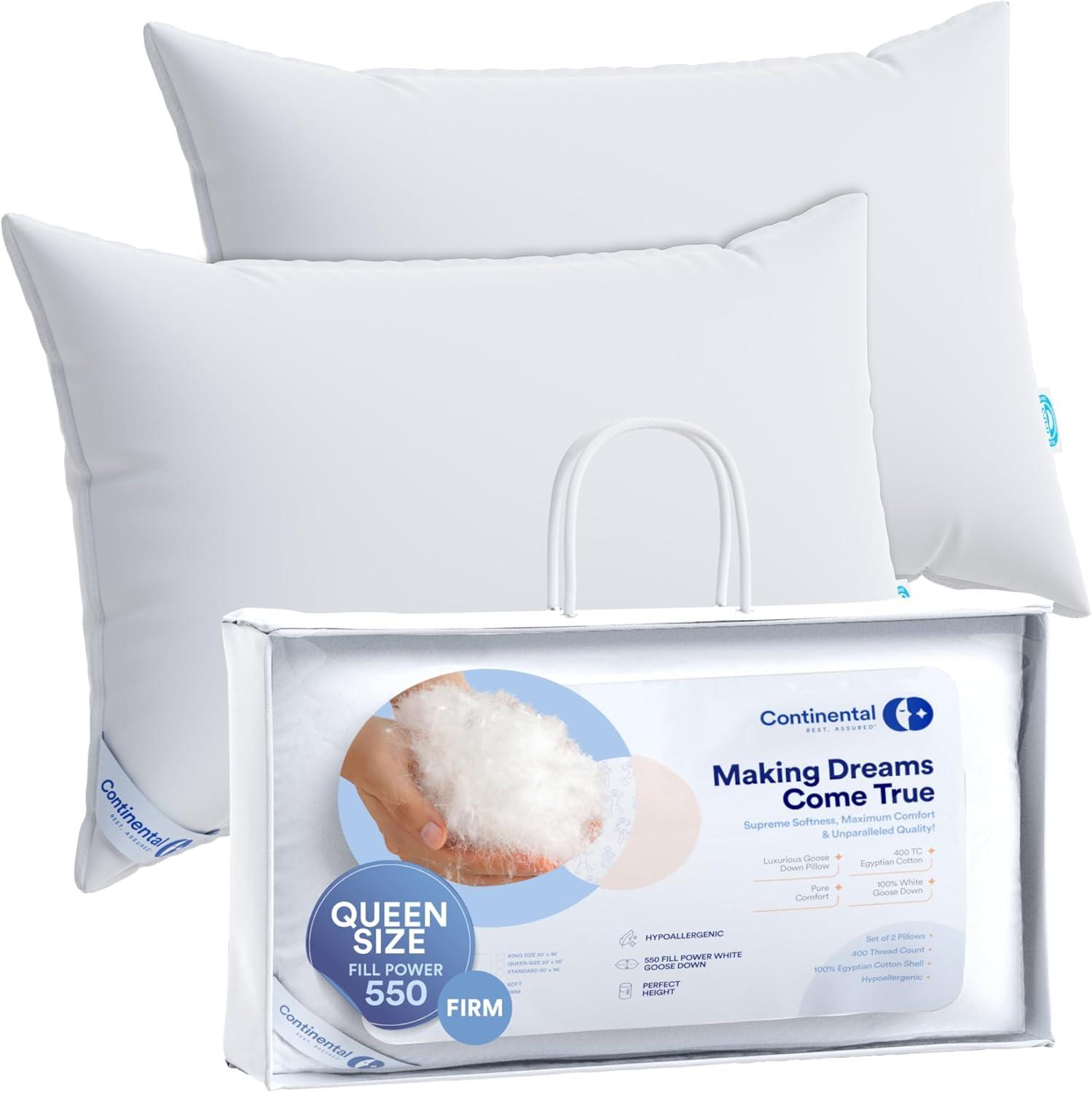ContinentalBedding Continental Bedding Firm Down Pillows, 2-Pack, 550FP, 75% Down 25% Feather, 400TC Cotton Cover (Set of 2)