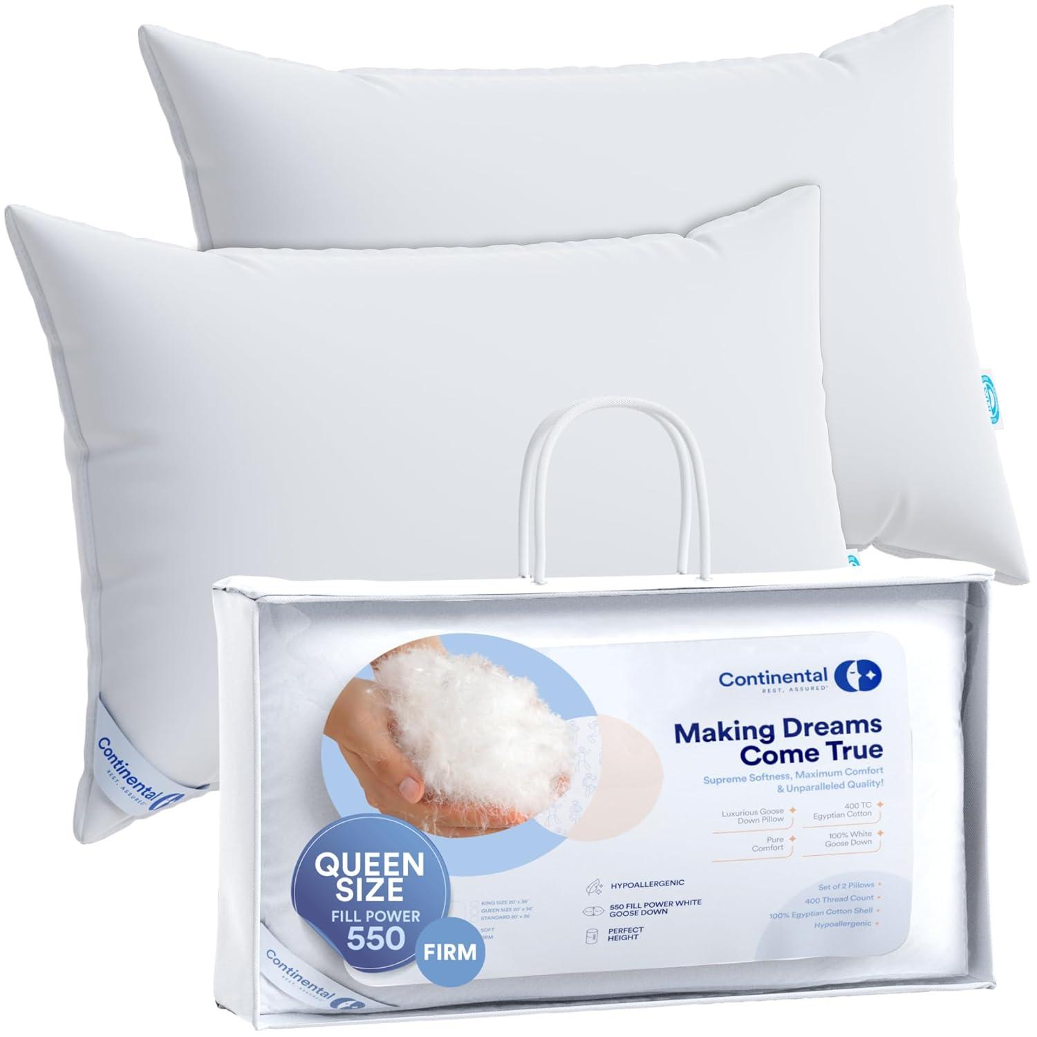 ContinentalBedding Continental Bedding Firm Down Pillows, 2-Pack, 550FP, 75% Down 25% Feather, 400TC Cotton Cover (Set of 2)