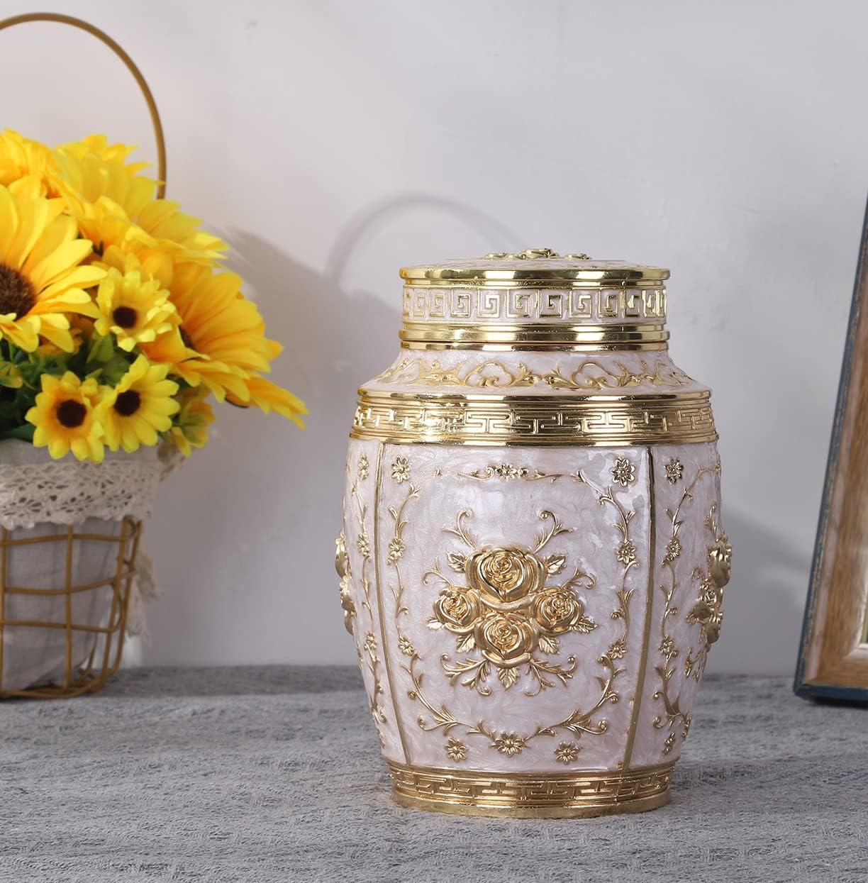 Gold and White Rose Embellished Medium Metal Urn