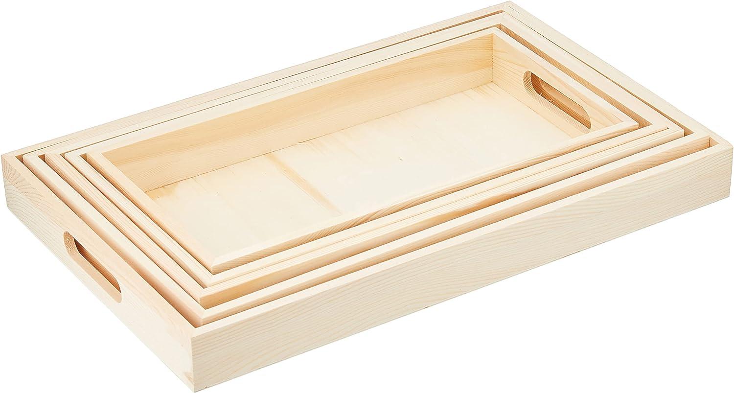 Classic Rectangular Natural Wood 5-Piece Tray Set with Handles