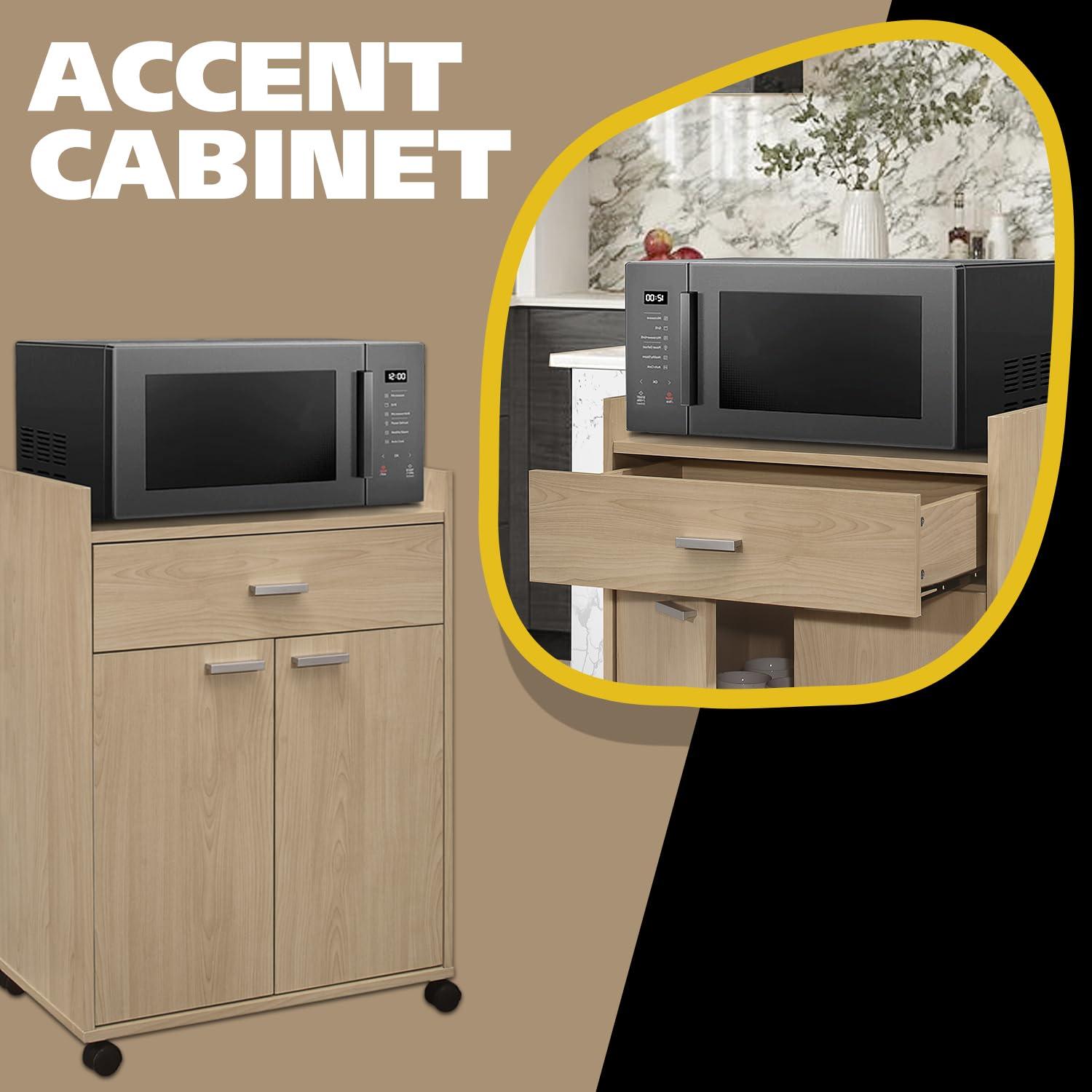 Kings Brand Furniture Northbury 2-Door Microwave Accent Kitchen Cabinet Rolling Cart (Beech)