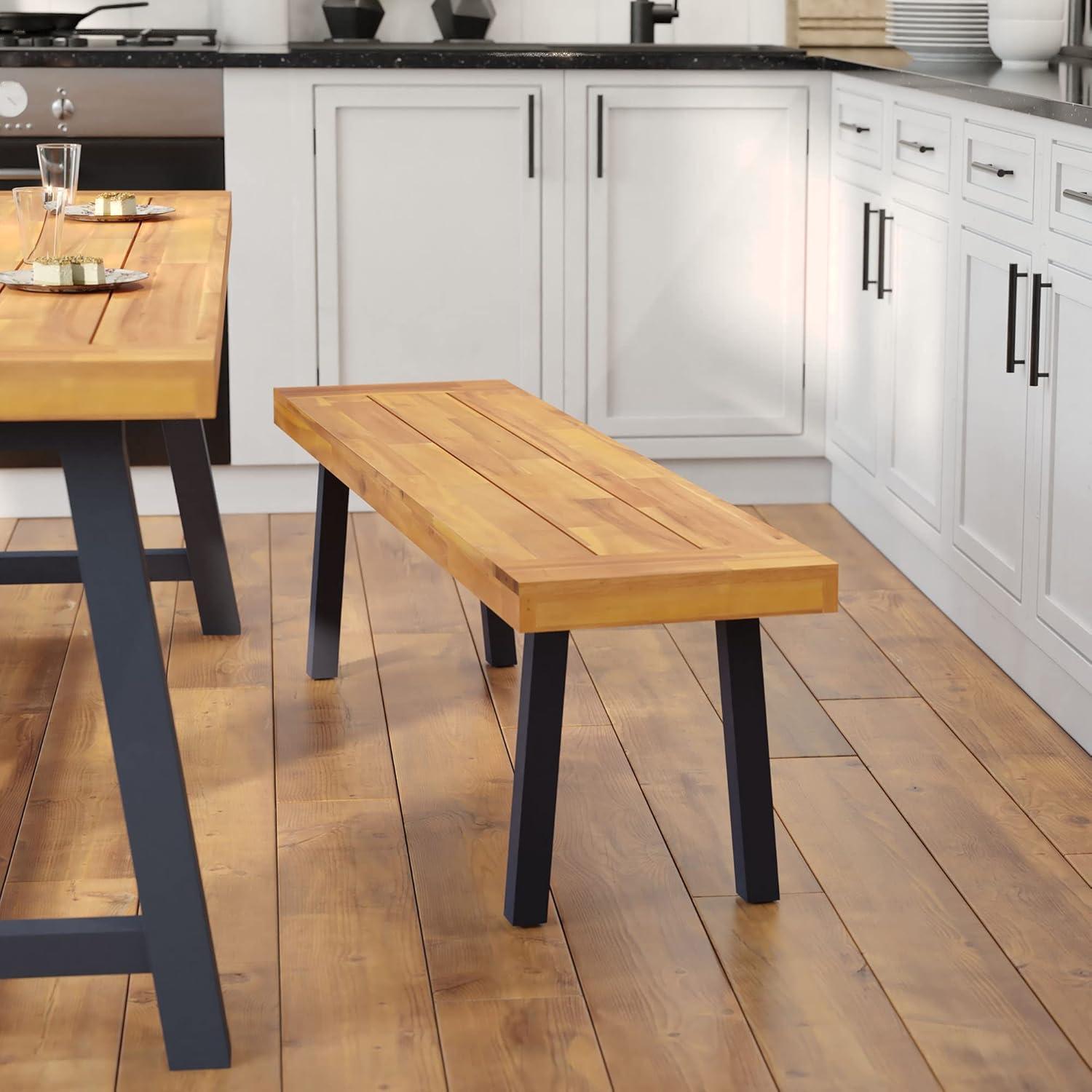 Flash Furniture Martindale Solid Acacia Wood Patio Dining Bench for 2 with Slatted Top and Black Flared Wooden Legs in a Natural Finish