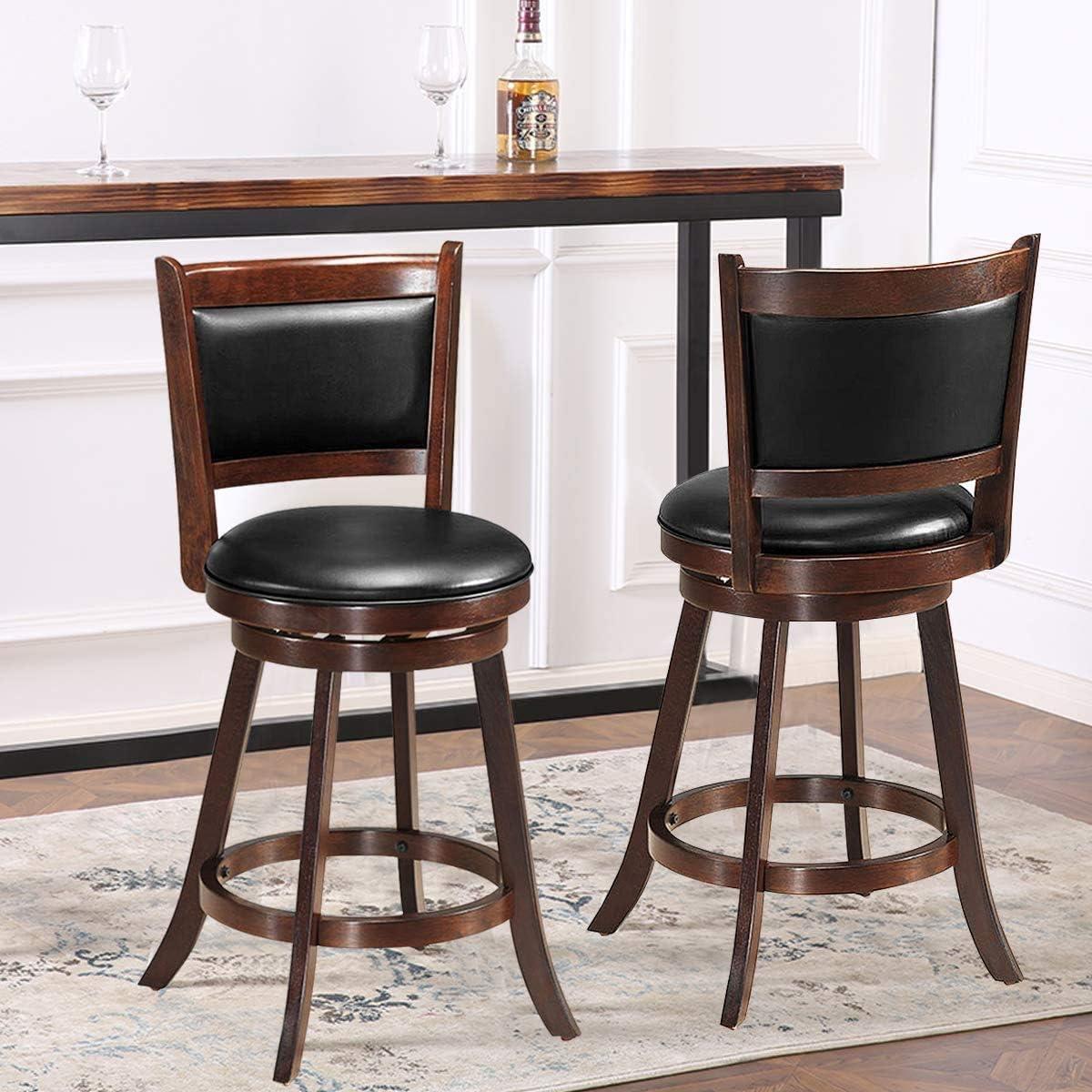 Bar Stools Set of 2, 360 Degree Swivel, Accent Wooden Swivel Seat Counter Height Bar Stool, Leather Upholstered Design, PVC Cushioned Seat, Perfect for Dining and Living Room (Height 24")