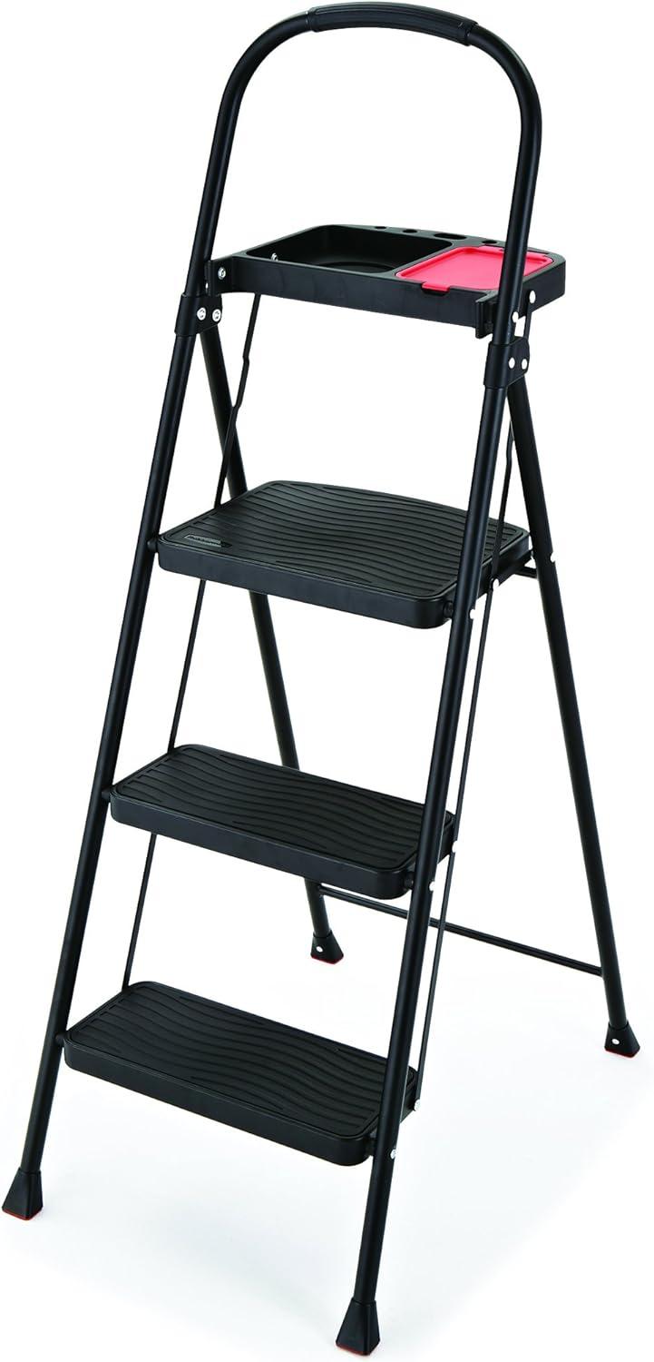 Black Foldable Steel 3-Step Ladder with Project Tray