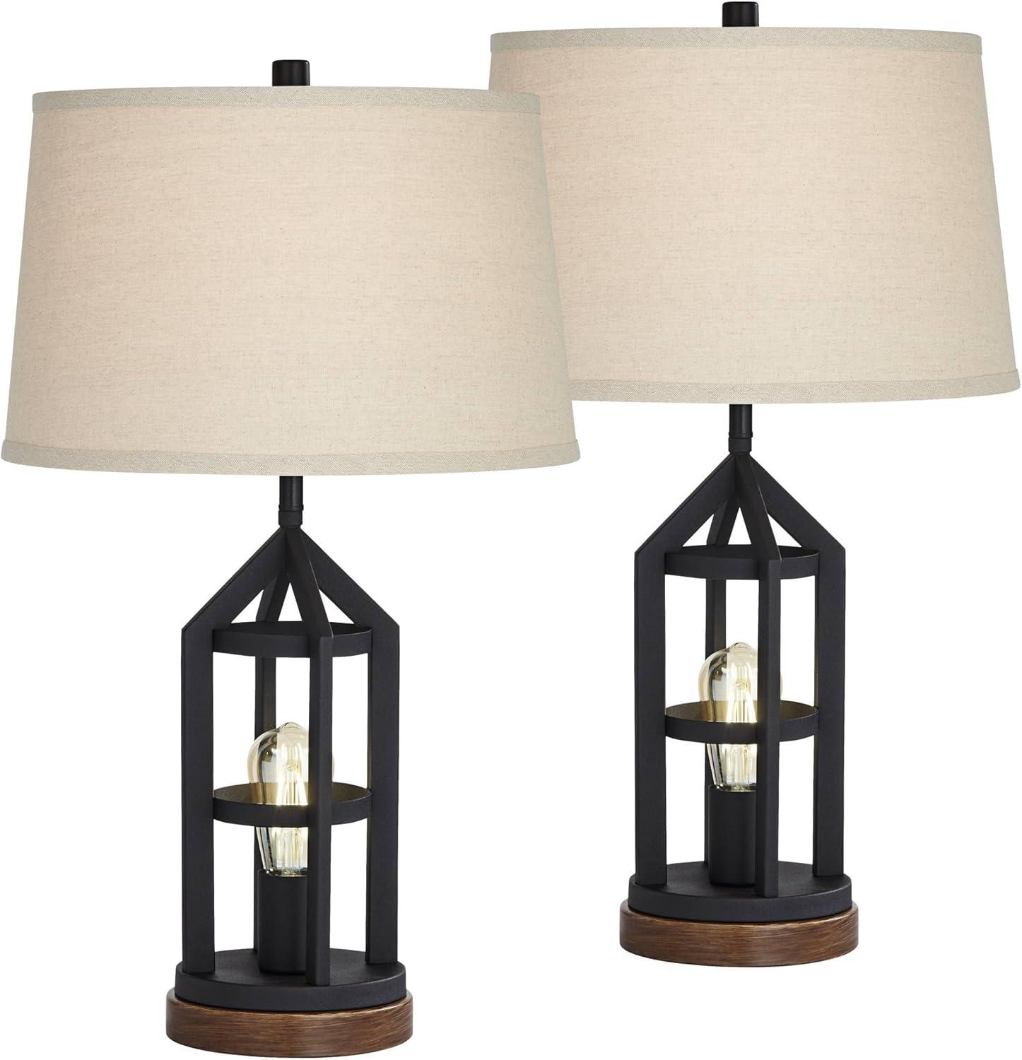 Franklin Iron Works Lucas Western Table Lamps 26" High Set of 2 Bronze with USB Charging Port and Nightlight LED Drum Shade for Bedroom Bedside Desk