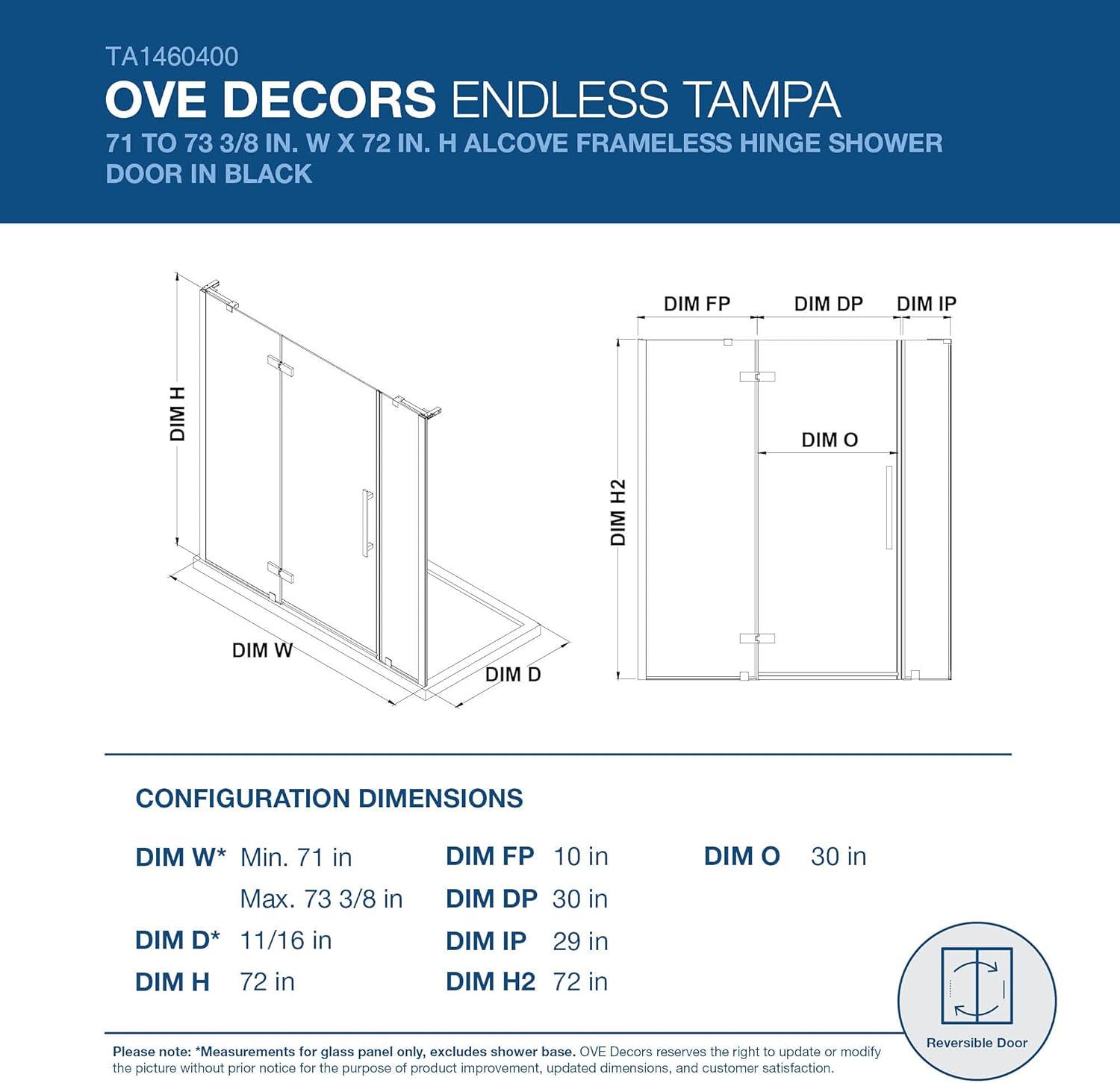 Ove Decors Endless Tampa 73" W x 72" H Alcove Frameless Shower Kit, Door, 2 Panel TA1460400