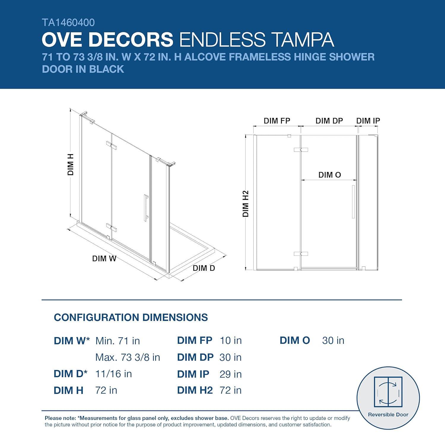 Ove Decors Endless Tampa 73" W x 72" H Alcove Frameless Shower Kit, Door, 2 Panel TA1460400