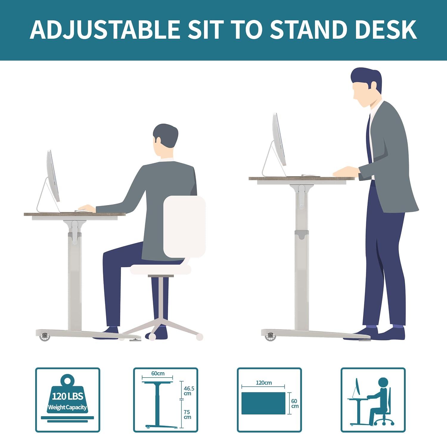 Manual Standing Desk Height Adjustable - Portable Sit to Stand Home Office Desks - Non-Electric Rising Table with Hand Crank and Rolling Wheels - 48 Inch Maple Whole Piece Wood Desktop