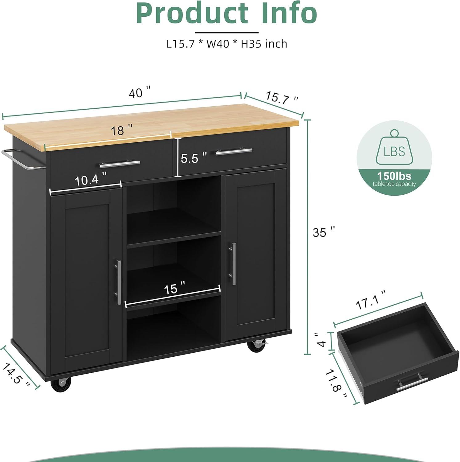 Sobaniilo Kitchen Storage Island Cart with 3 Open Shelves, 2 Drawers and 2 Cabinets, Kitchen Cart on Wheels with Handle/Towel Rack, Black