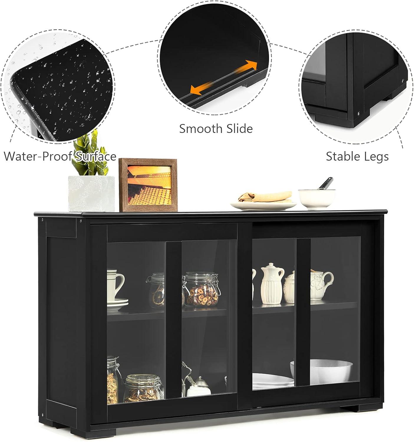 Black MDF and Glass Sliding Door Sideboard Cabinet