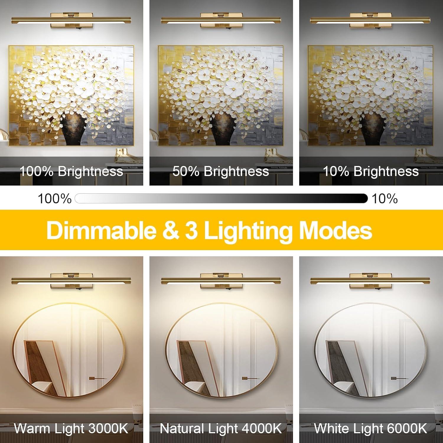 Modern LED Picture Light Dimmable 15.75 "Brass Picture Light lampshade can Rotate up or Down 270 Degrees 3 Color Temperature Display Wall Art Light Battery Powered