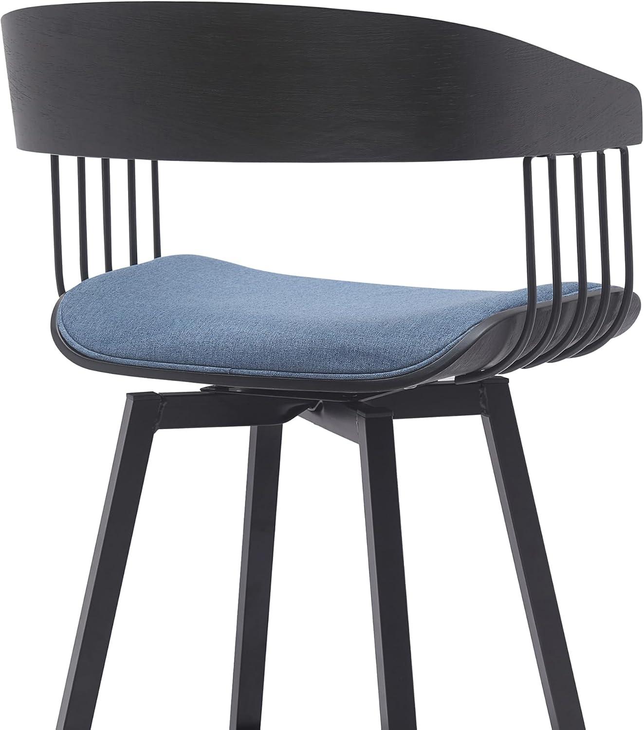 Armen Living Indoor Athena 27" Swivel Black Wood Counter Stool in Blue Fabric with Black Metal