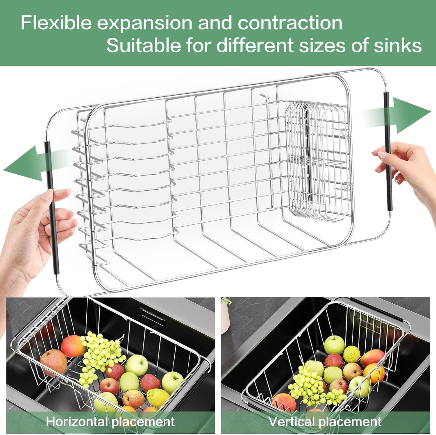 Small Dish Drainer Rack in Sink Adjustable, Expandable Stainless Steel Metal Dish Drying Rack Organizer with Stainless Steel Utensil Holder Over Inside Sink Counter, Rustproof(for 1-2 People)