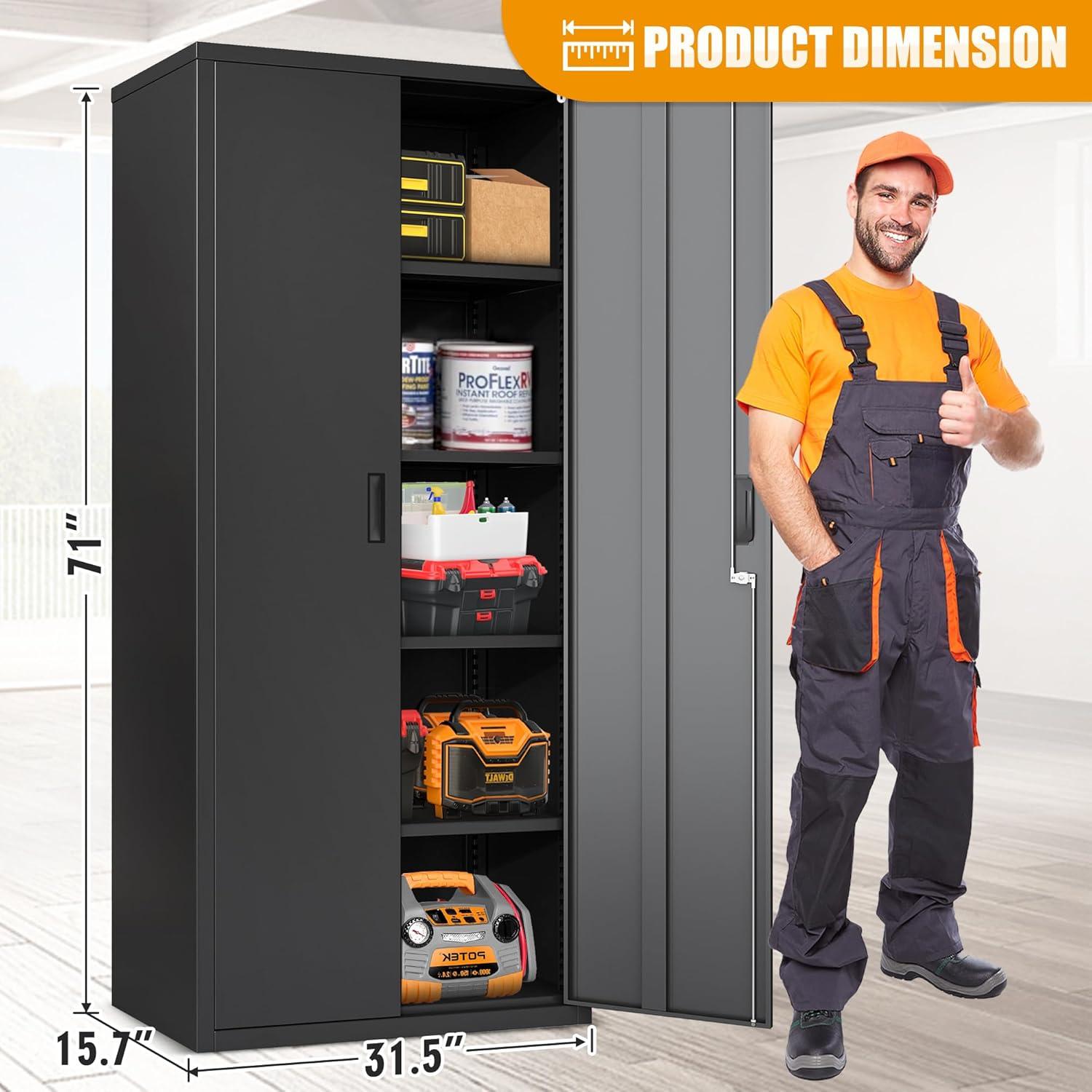 Black Steel Freestanding Garage Cabinet with Adjustable Shelves