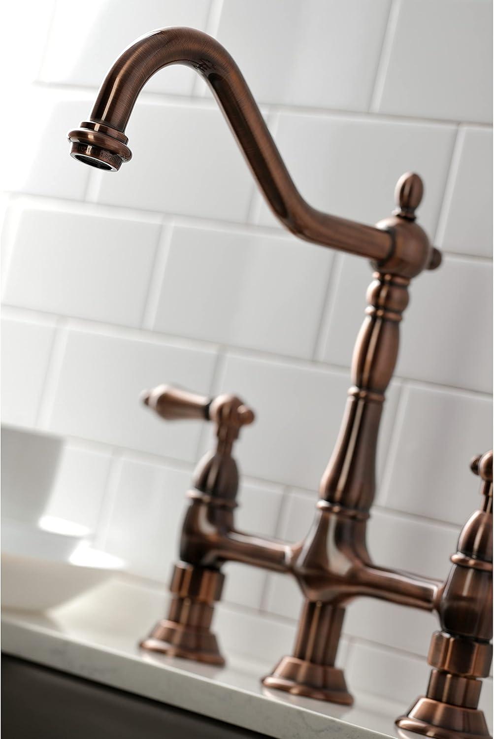 Kingston Brass KS127ALBSAC Kingston Brass Heritage Two-Handle 4-Hole Deck Mount Bridge Kitchen Faucet with Brass Side Sprayer