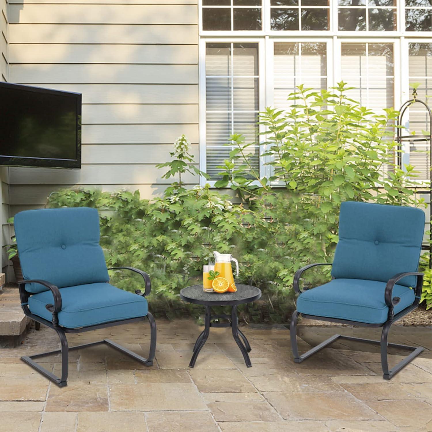 SUNCROWN 3-Piece Patio Furniture Outdoor Bistro Set Spring Metal Chairs and Round Bistro Table, Blue