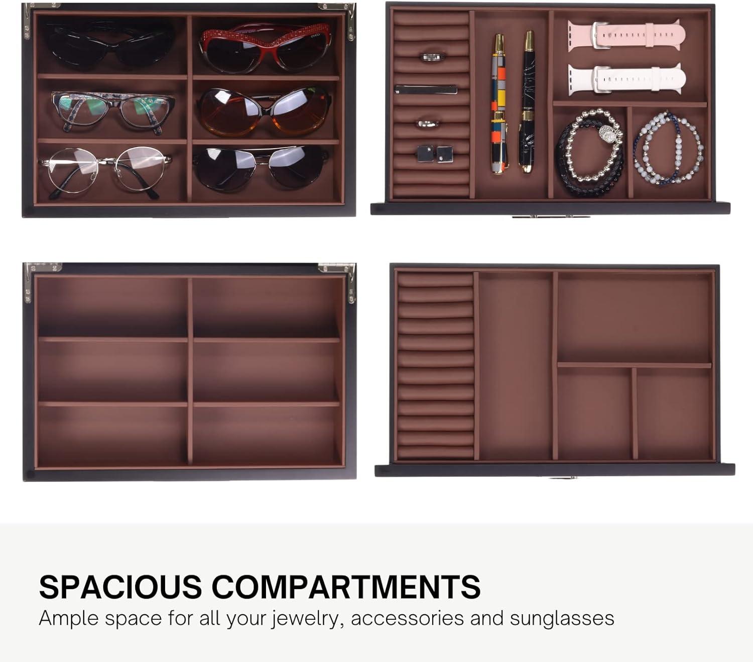Multi-Purpose Drawer, Sunglasses and Jewelry Box Wooden Storage Organizer with Saddle Brown Leather (Coffee Lover)