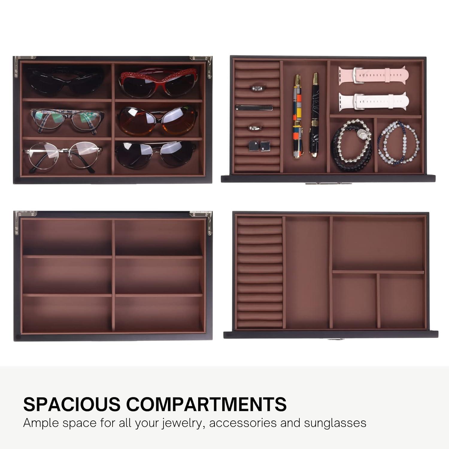 Multi-Purpose Drawer, Sunglasses and Jewelry Box Wooden Storage Organizer with Saddle Brown Leather (Coffee Lover)
