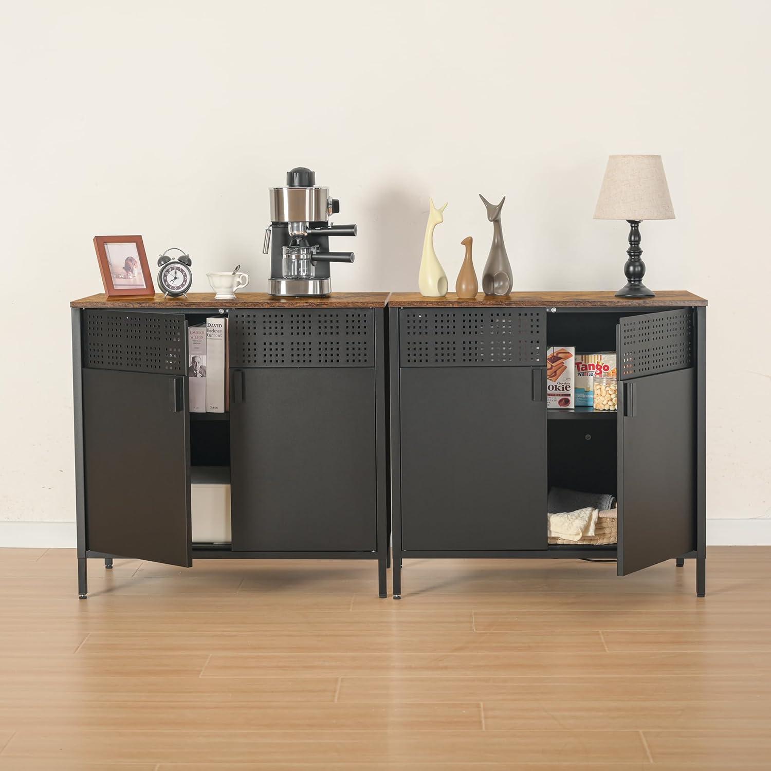 Storage Sideboard, Buffet Table with Adjustable Shelves, Floor Storage Cupboard, Steel Frame, Rustic Brown and Black ULSC102B01