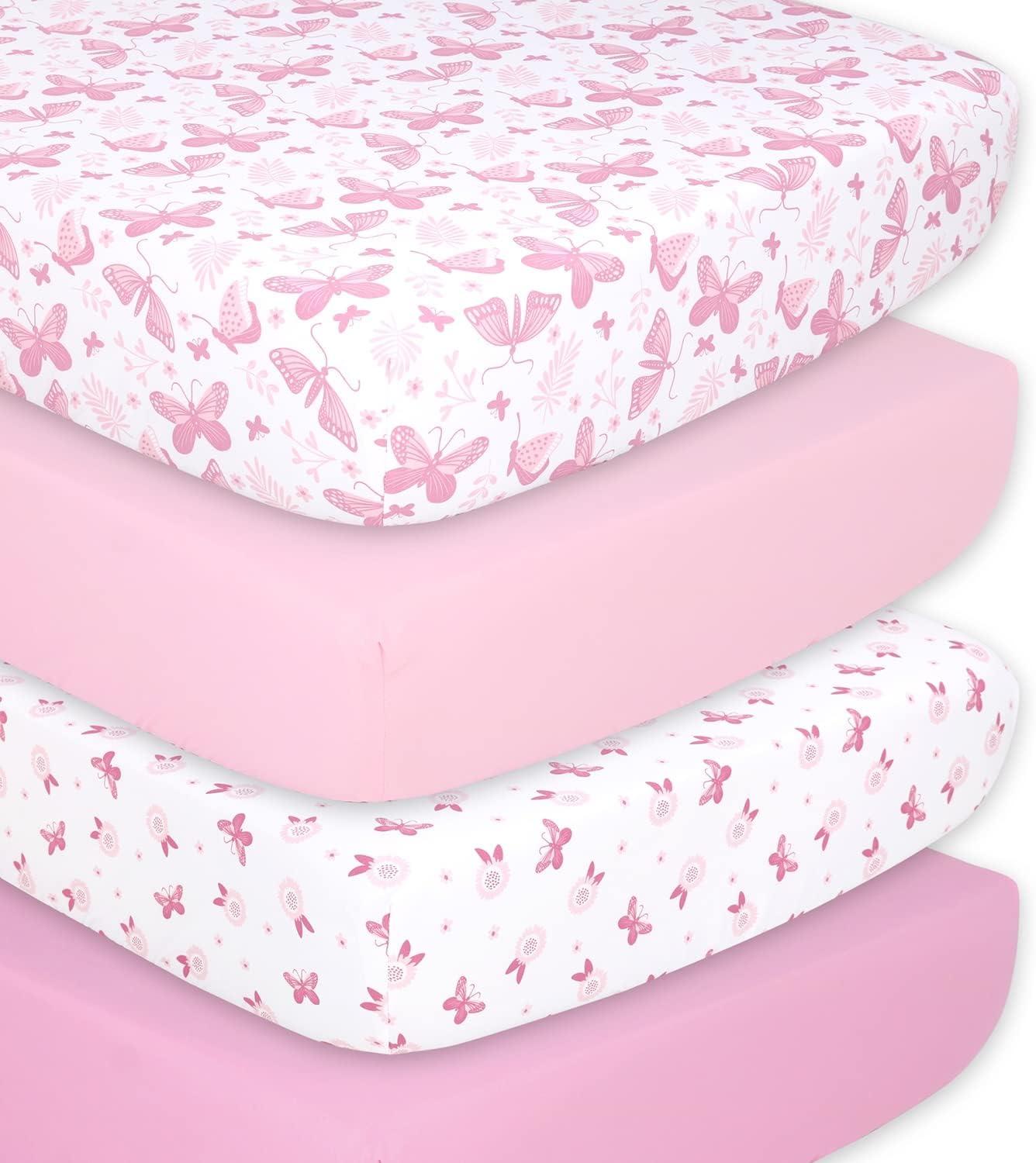 Pink Butterfly Print Microfiber Crib Sheet Set