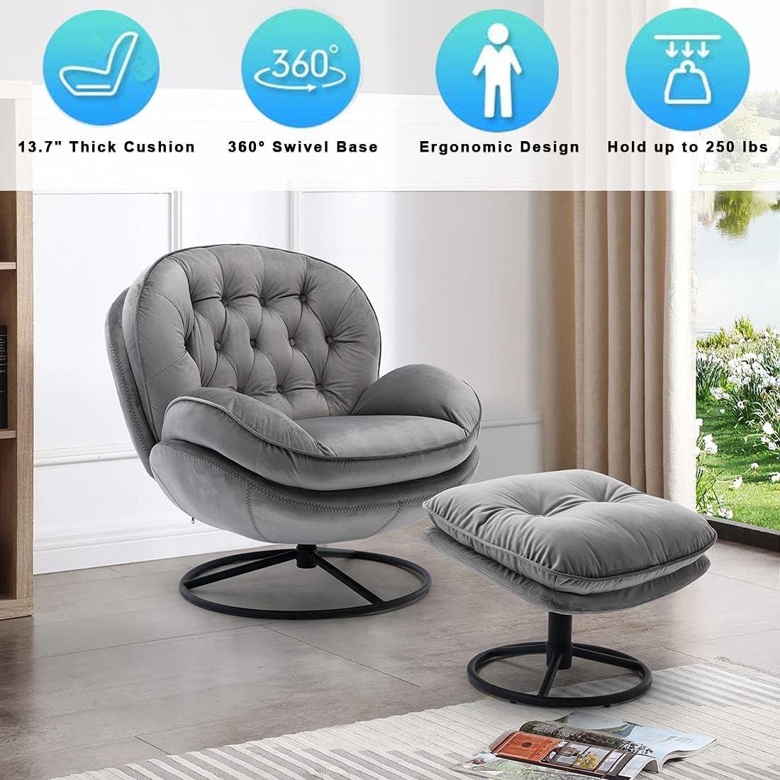 Velvet Swivel Accent Chair with Ottoman Set, Modern Lounge Chair with 360 Degree Swiveling Metal Base & Footrest, Comfy Single Sofa Chair for Living Room Bedroom, Reading Room, Home Office, Gray