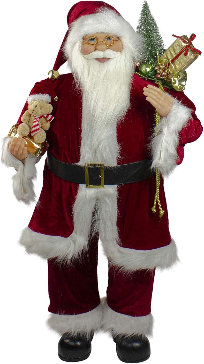 Traditional Red and White Santa Claus Figurine with Teddy Bear and Gifts