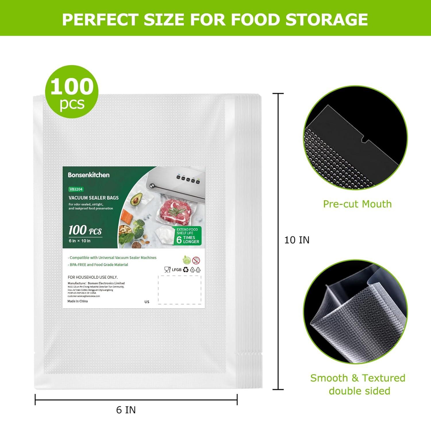 Bonsenkitchen Precut Vacuum Food Sealer Bags 100 Pint 6" x 10", BPA Free, Commercial Grade Textured, Food Storage, Sous Vide Cooking
