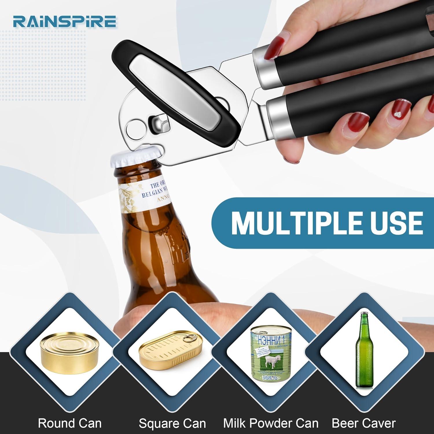 Can Opener Manual Handheld Strong Manual Can Opener Smooth Edge Cut, Can Opener Heavy Duty, Comfortable Soft Handle, Built-in Bottle Opener, Black Black Large Black Large