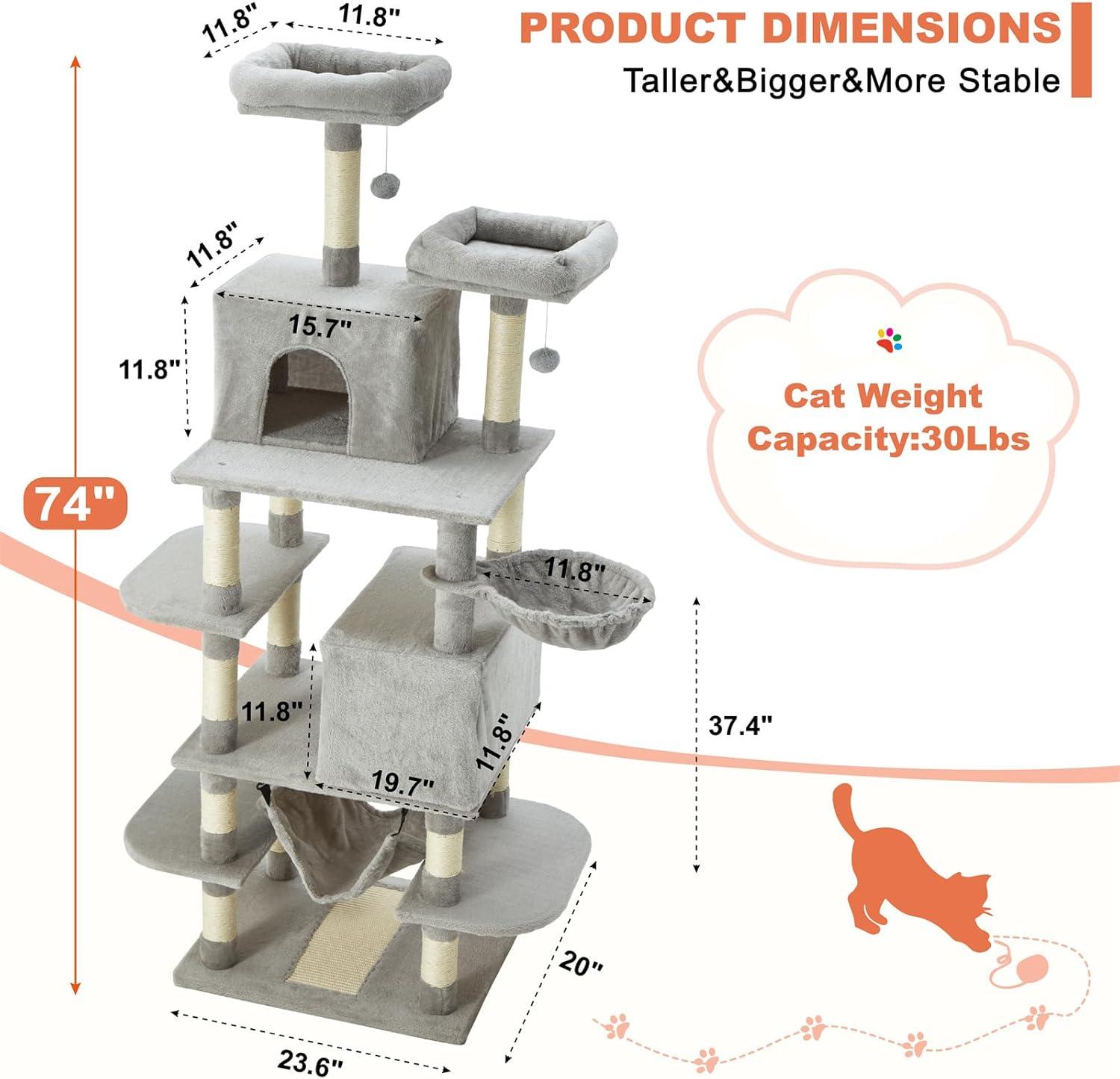 MDEAM Cat Tree 74 Inch Multi-Level Large Cat Tower with 16 Sisal Scratching Posts,2 Caves,2 Perches,Hammock,Scratching Board,Basket,Cozy Plush Cat Perches for Indoor Large Cats(Light Gray)