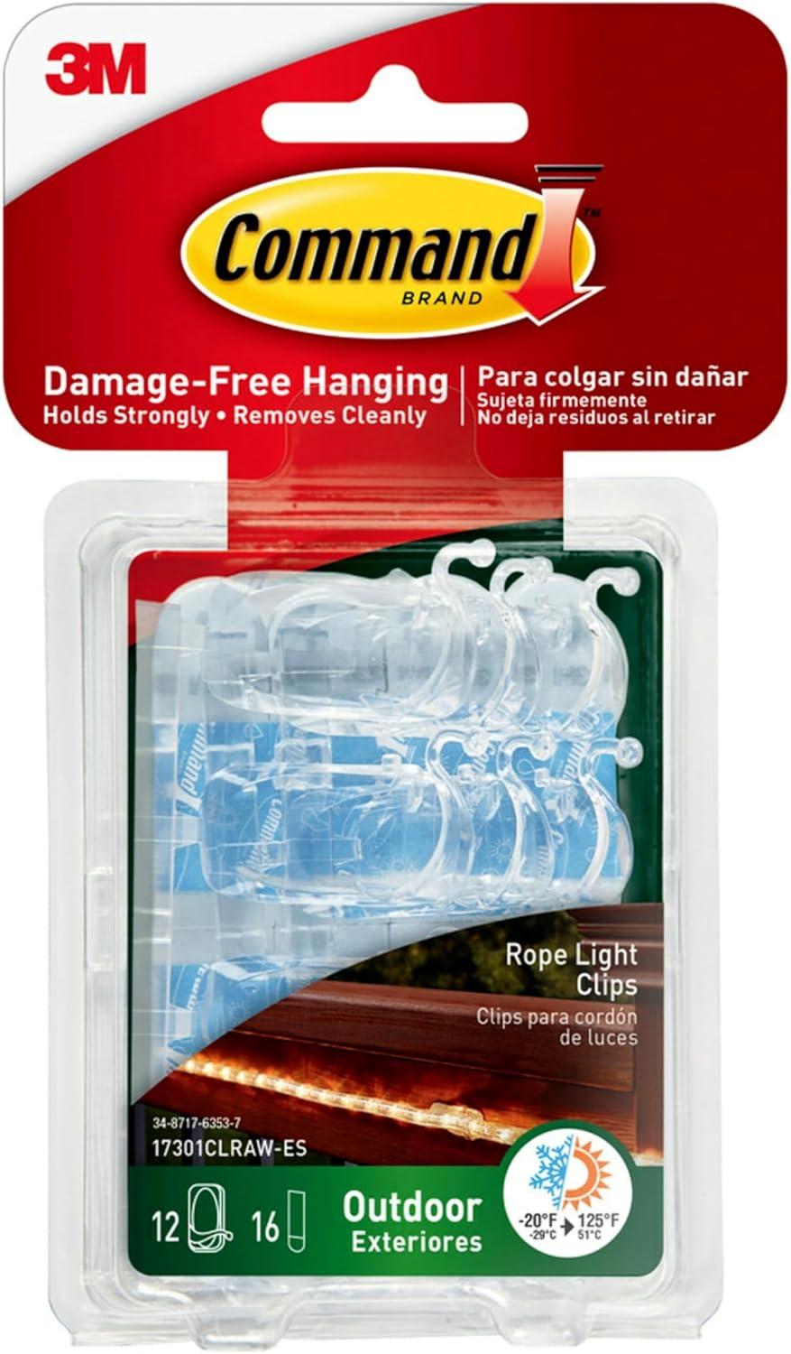 Command Outdoor Rope Light Clips, Clear, Hang Lights, 12 Clips and 16 Strips, Holiday Decorations