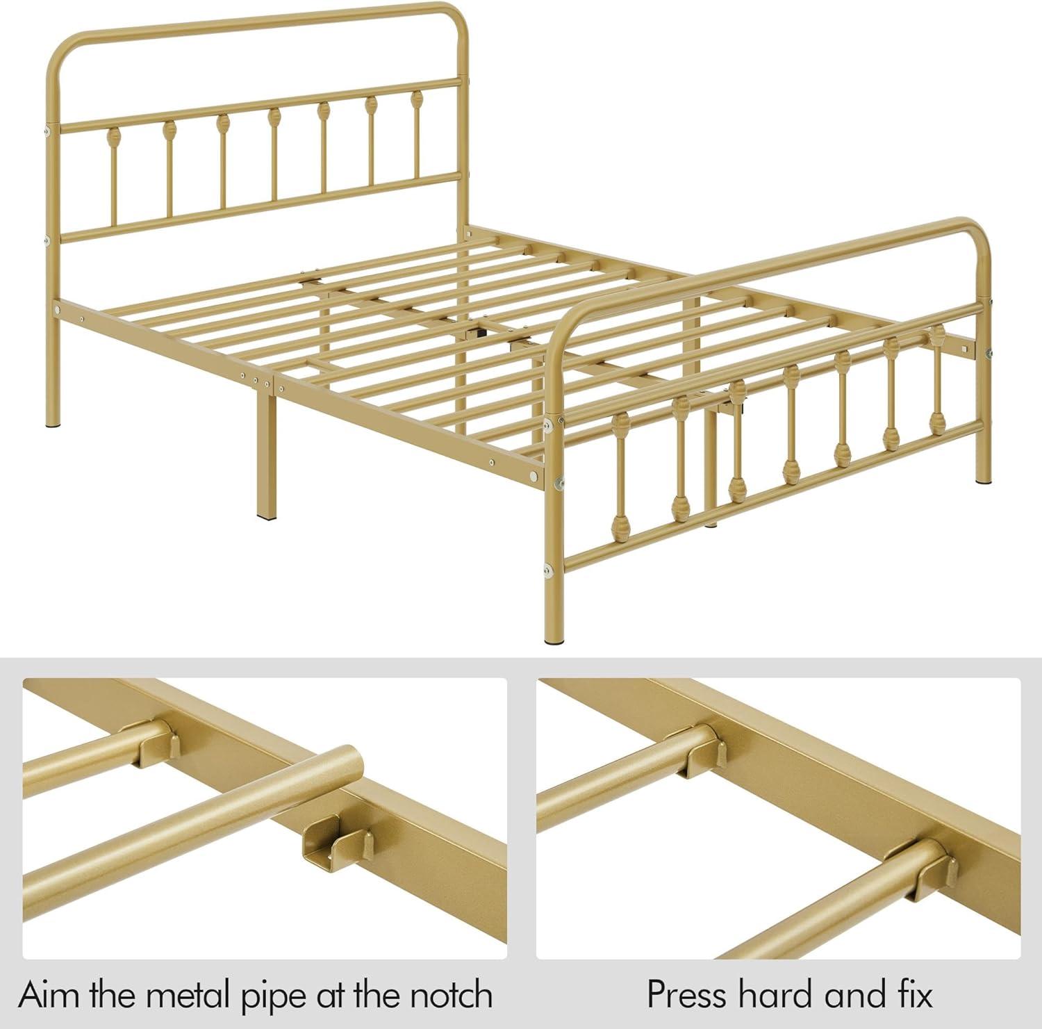 Antique Gold Full Metal Platform Bed with Headboard and Footboard