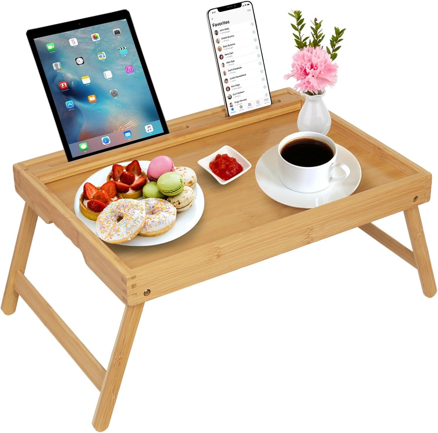 Bamboo Folding Bed Tray Table with Media Slot