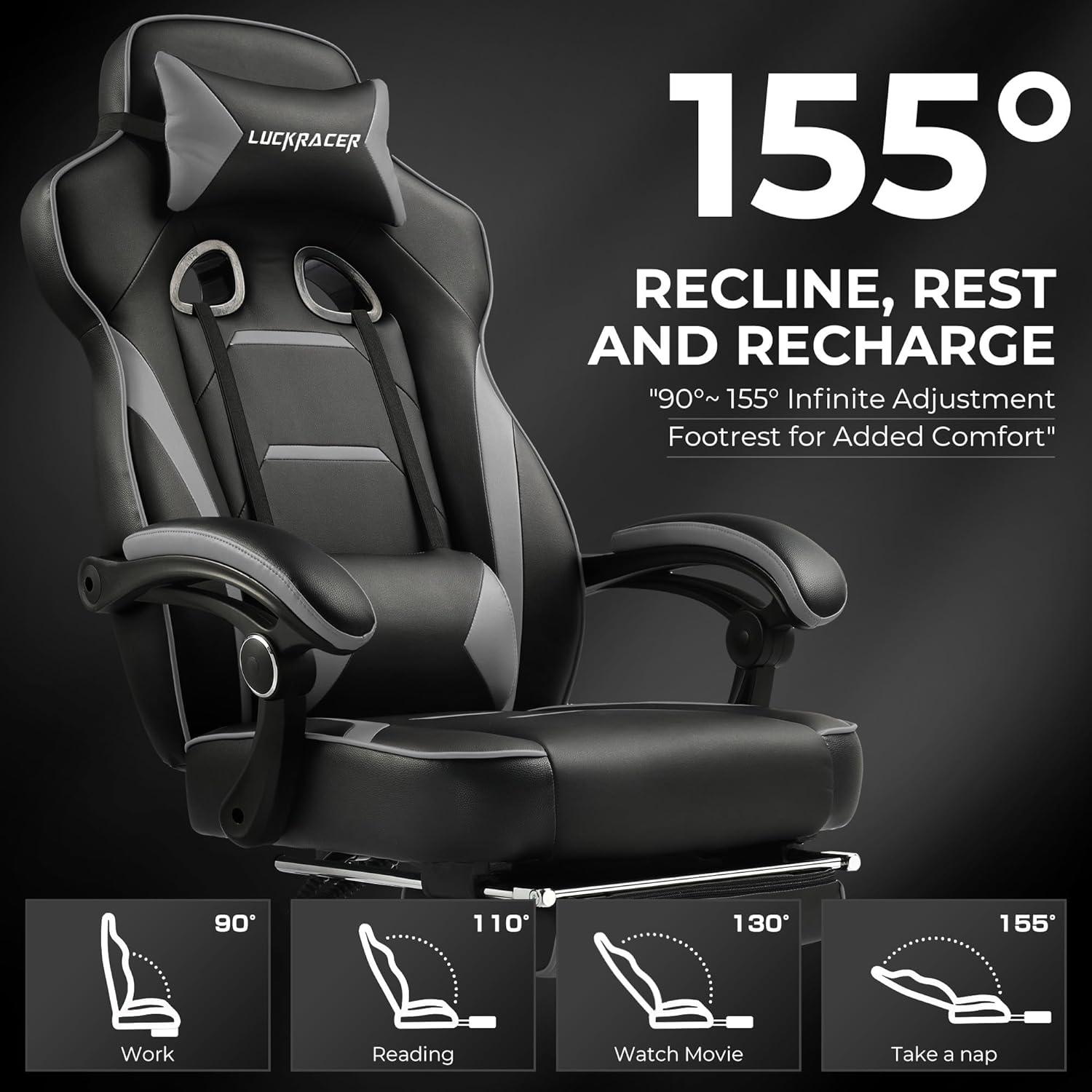 GTPLAYER Gaming Chair with Footrest, Big and Tall Game Chair 350lb Racing Style Computer Chair, Ergonomic Executive Office Chair High Back with Lumbar Support and Recliner, Gray