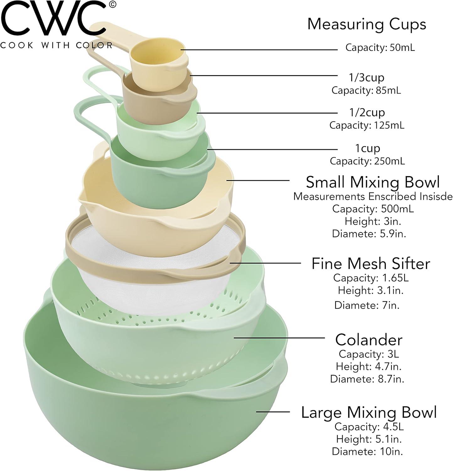 COOK WITH COLOR 8 Piece Nesting Bowls with Measuring Cups Colander and Sifter Set - Includes 2 Mixing Bowls, 1 Colander, 1 Sifter and 4 Measuring Cups, polypropylene, Mint Green