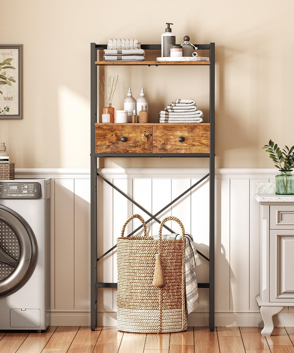 HOOBRO Over-The-Toilet Storage Rack with 2 Drawers, 3-Tier Bathroom Organizer Shelf Over Toilet, Freestanding Toilet Shelf, Storage Cabinet, Rustic Brown and Black BF47TS01