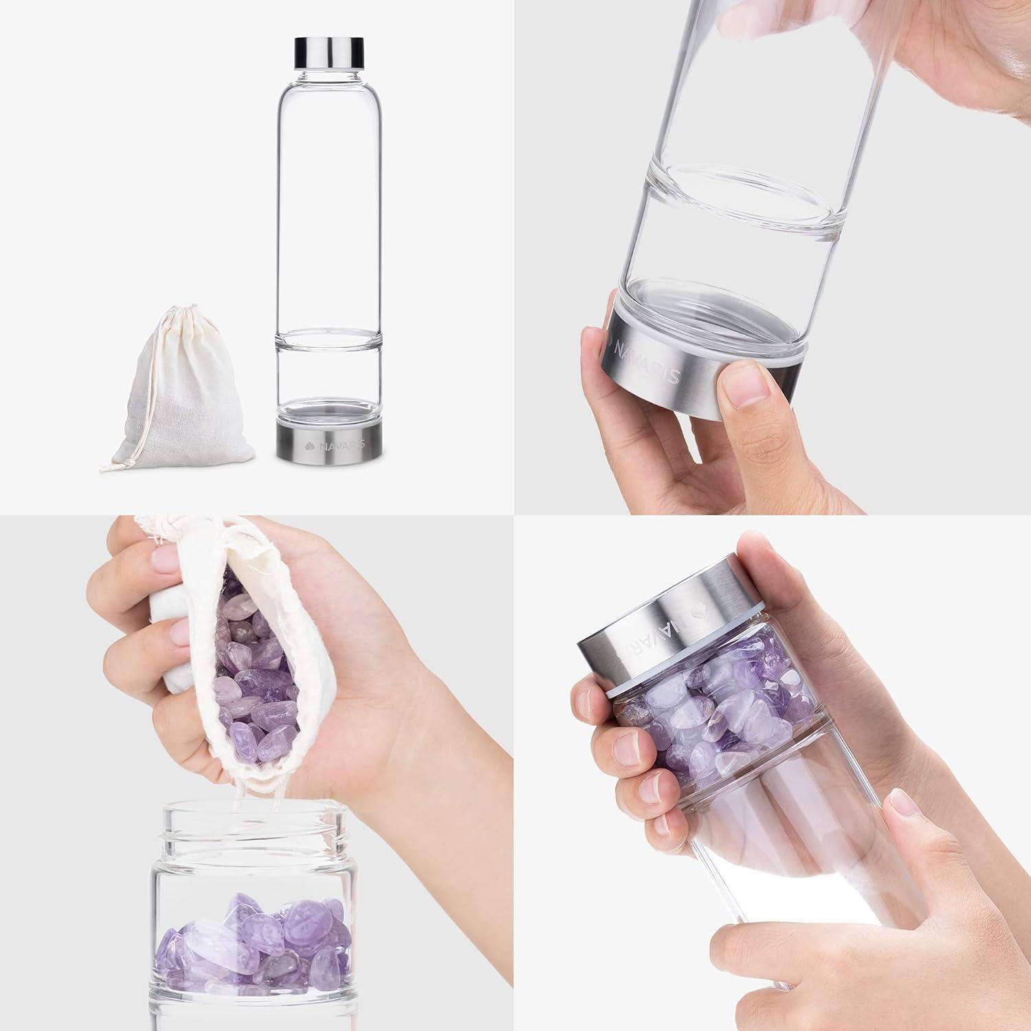 Navaris Crystal Water Bottle - 14oz Glass Gemstone Drink Bottle with Loose Natural Gem Stones - Available with Different Type Stones