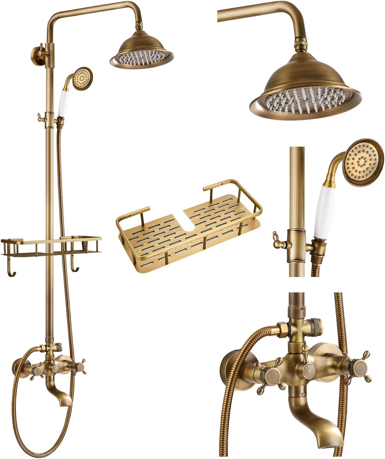 Antique Brass Adjustable Height Rainfall Shower System with Handheld Sprayer