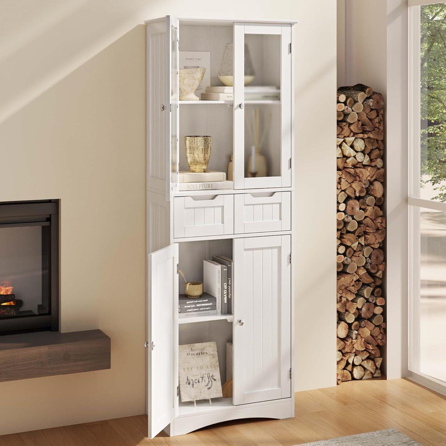 Gizoon 67" Tall Storage Cabinet, Freestanding Kitchen Pantry Cabinet with Glass Door & 2 Shelves & 2 Drawers, Stylish Linen Storage Cabinet for Home, Bathroom, Living Room, Office, White