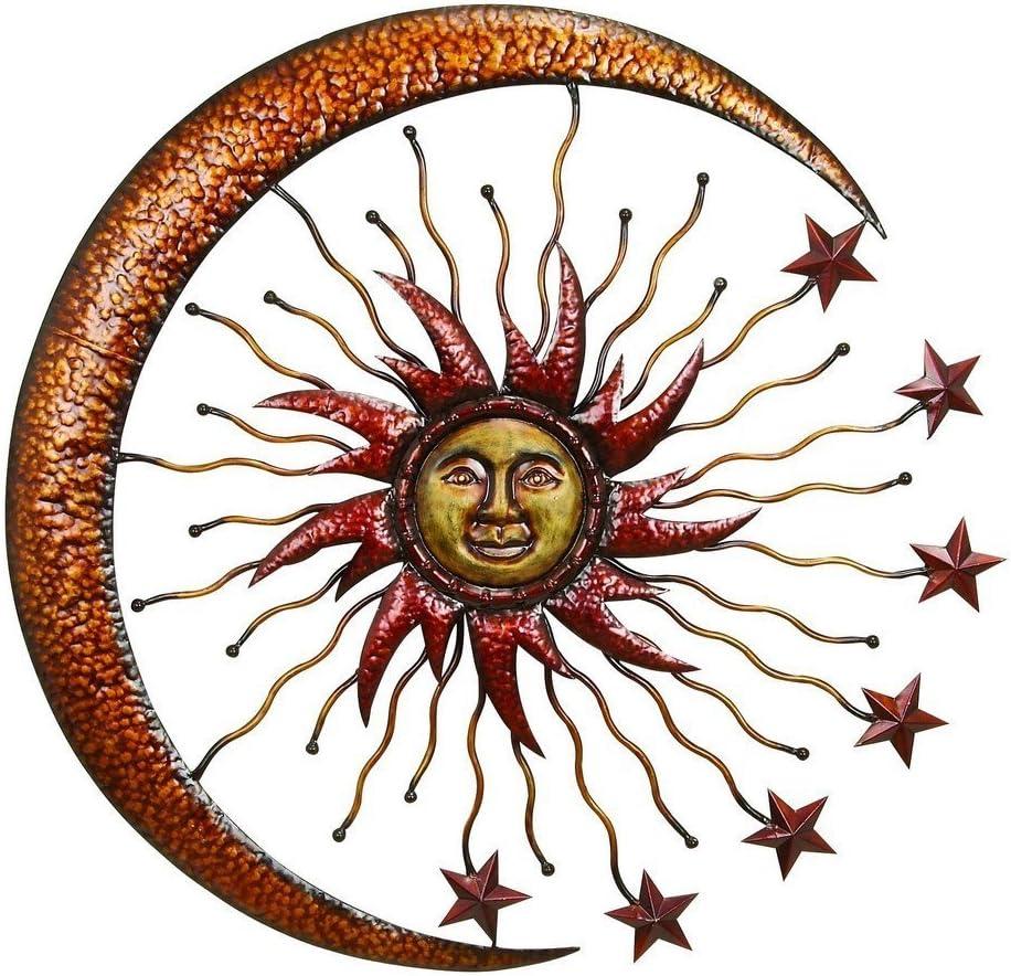 DecMode Copper Metal Indoor Outdoor Sun and Moon Wall Decor with Stars