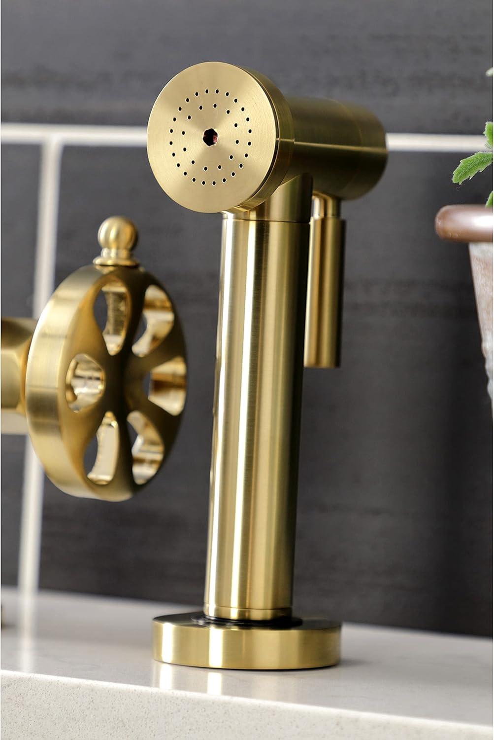 Kingston Brass Two-Handle 4-Hole Deck Mount Industrial Style Bridge Kitchen Faucet with Brass Side Sprayer