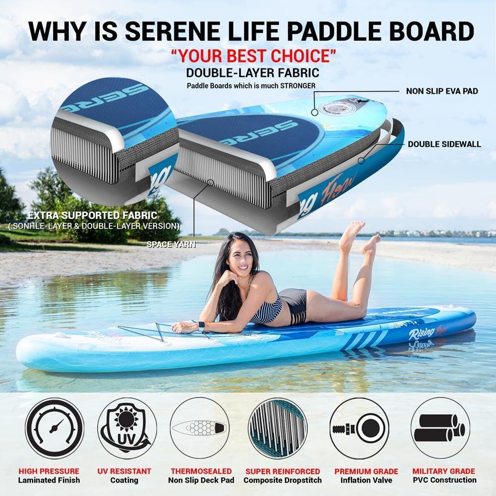 Serenelife Inflatable Stand Up Paddle Board (6 Inches Thick) With Premium SUP Accessories & Carry Bag | Wide Stance, Bottom Fin For Paddling, Surf Control, Non-Slip Deck | Youth & Adult Standing Boat