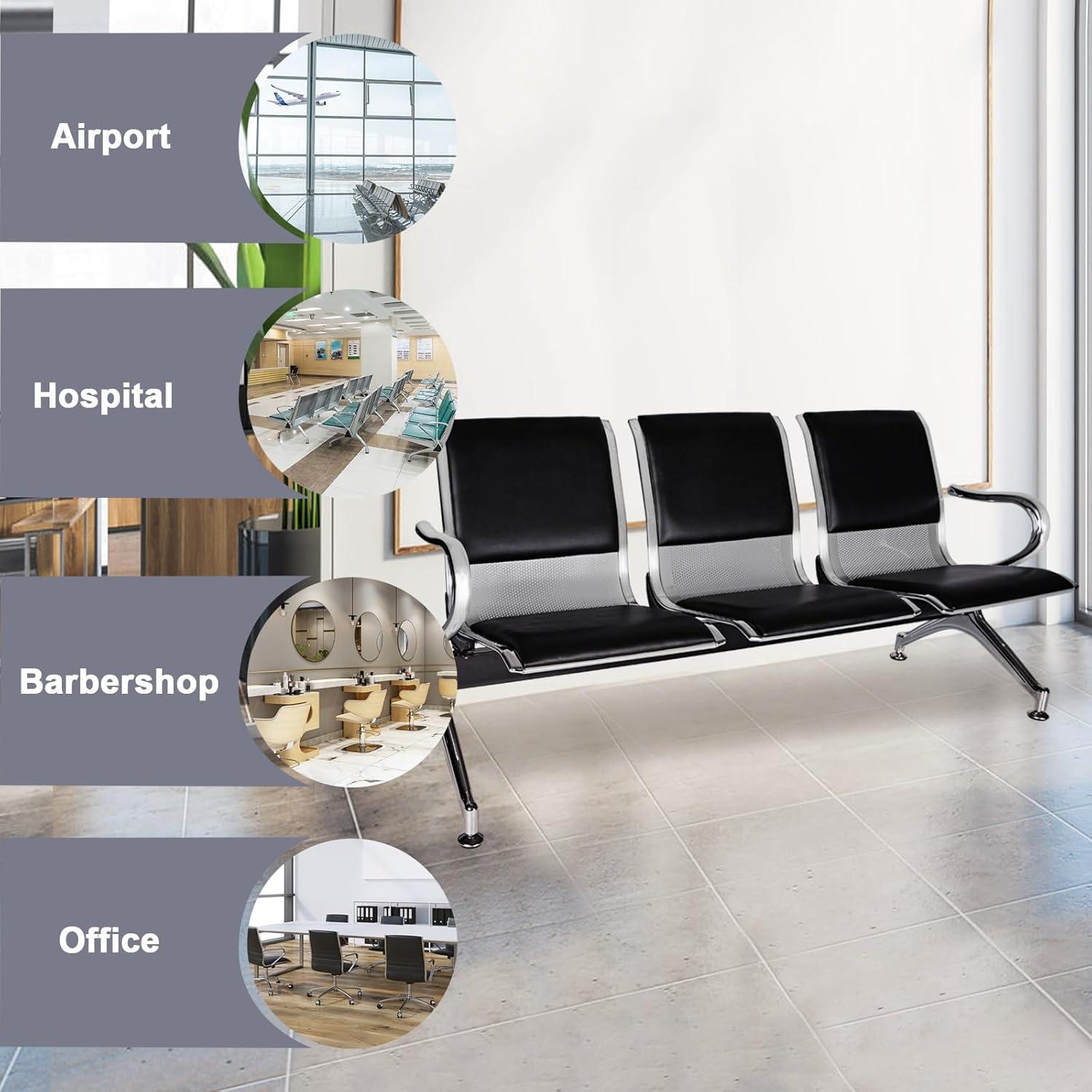 Kinbor Waiting Room Chairs, 3-Seat Reception Chairs Office Guest Waiting Furniture Bench Seating for Airport Bank Hospital, Black