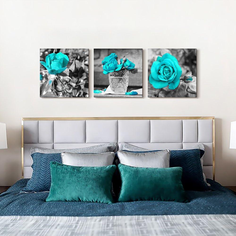 Canvas Wall Art For Bedroom Wall Decor For Living Room Black And White Wall Paintings Blue Rose Flowers Pictures Watercolor Giclee Canvas Prints Ready To Hang Room For Girls Home Decoration 3 Piece