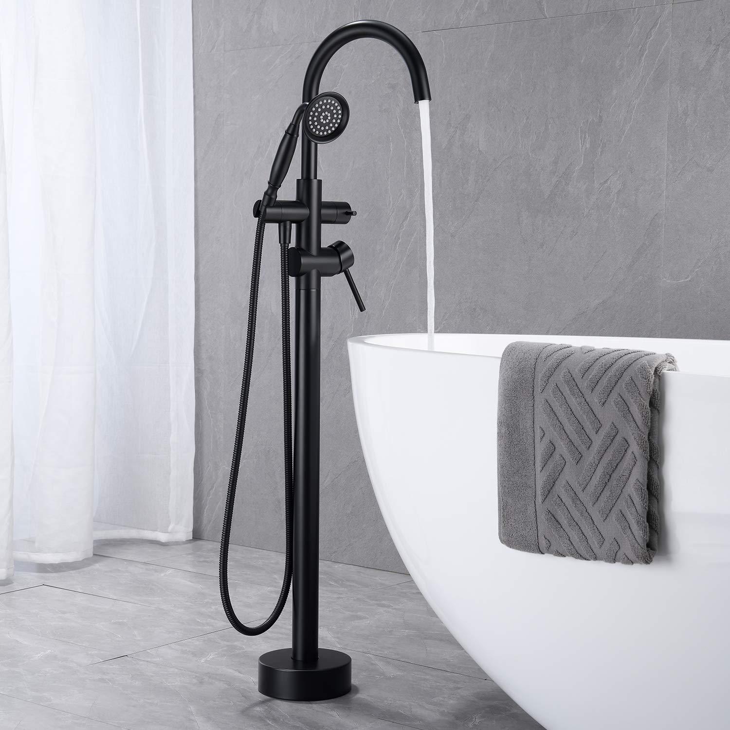 Tub Filler Freestanding Bathtub Faucet Black Floor Mounted Brass Bathroom Tub Faucets with Hand Shower