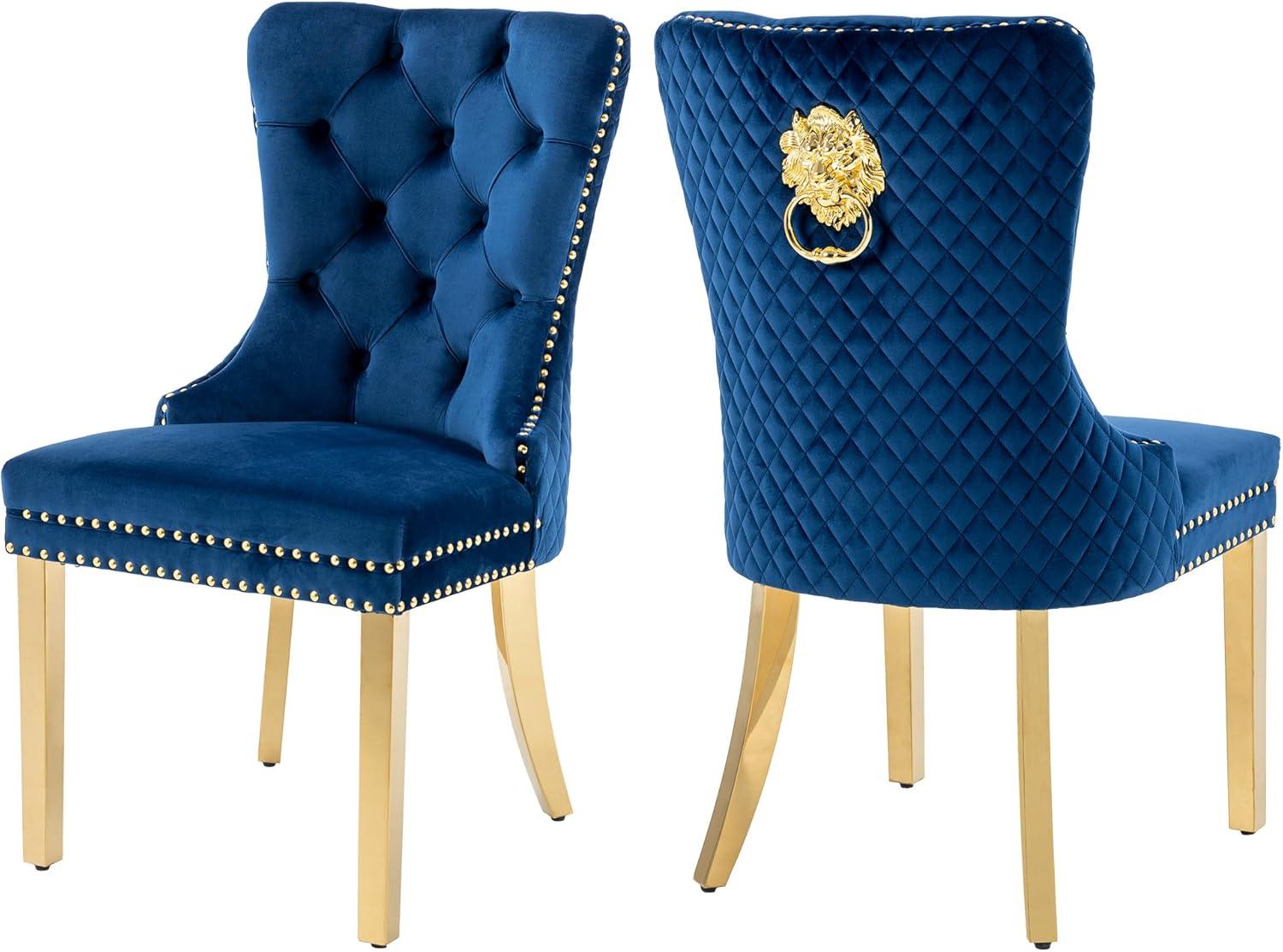 Velvet Upholstered Dining Chairs, Set of 2, Dining Room Tufted Chair, Modern Button Tufted Armless Chairs with Nailhead Trim and Back Ring Pull, Gold Legs, for Dining Room, Kitchen, Navy