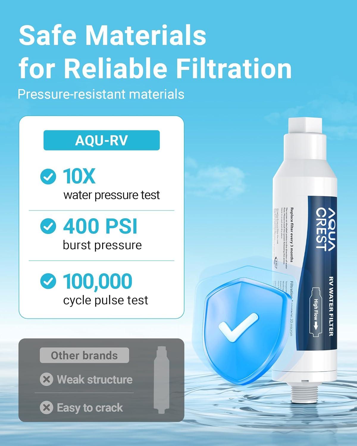 2 PACK, AQUA CREST RV Inline Water Filter with Hose Protector, NSF Certified, Greatly Reduces Chlorine, Bad Taste, Odor in Drinking Water, KDF Filter for RVs and Marines (Packaging May Vary)