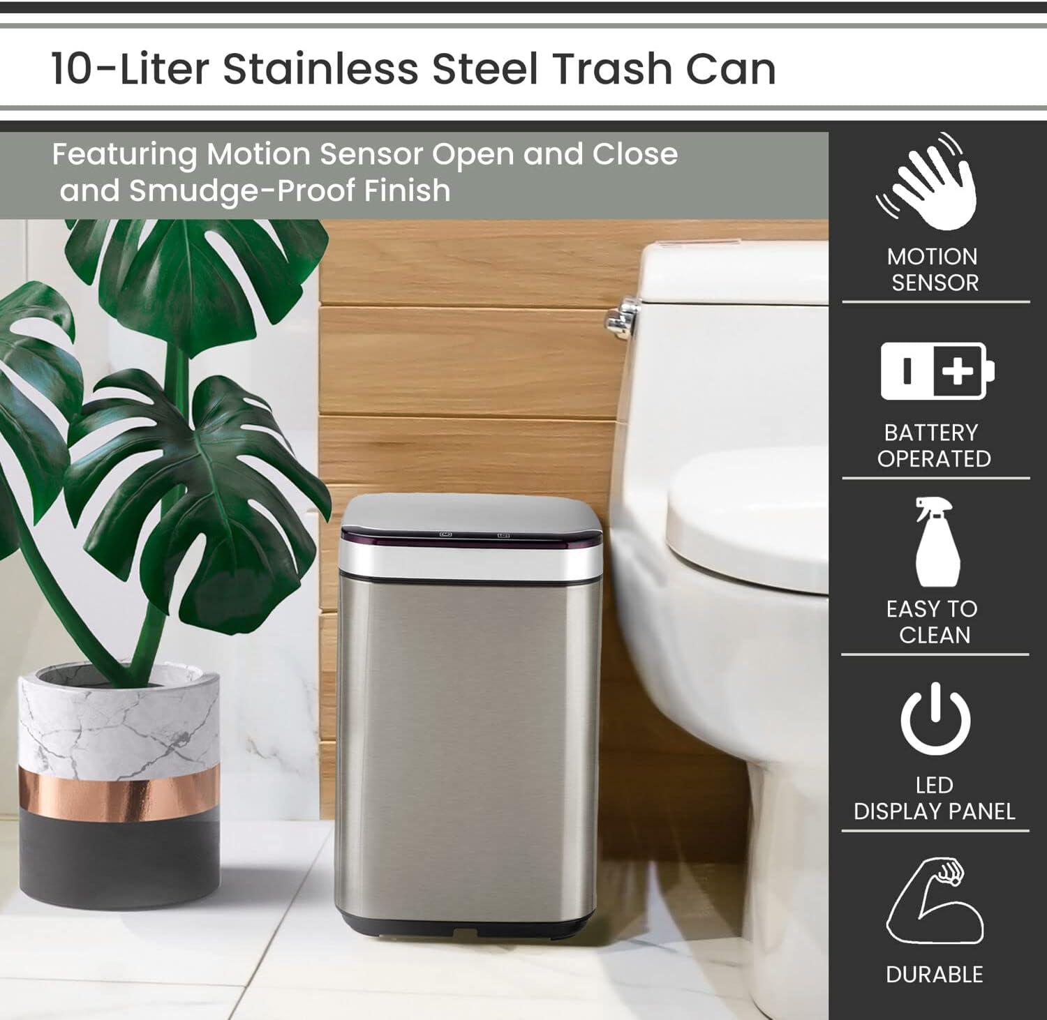 Hanover 10 Liter - 2.6 Gallon Trash Can for Home and Kitchen | Fingerprint Smudge Resistant | Soft Close | Sensor Lid | Carbon Odor Control | Stainless Steel