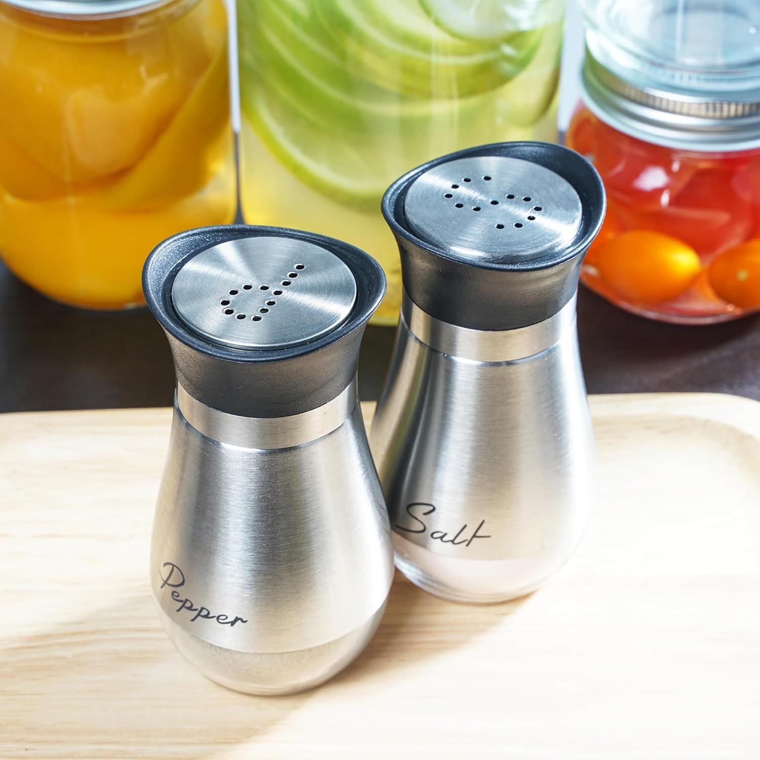 Juvale Stainless Steel Salt and Pepper Shakers Set with Glass Bottom, Perforated "S" and "P" Caps - Modern Kitchen Decor (4oz)