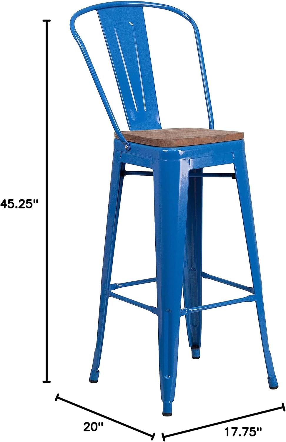 Emma and Oliver 30"H Blue Metal Barstool with Back and Wood Seat