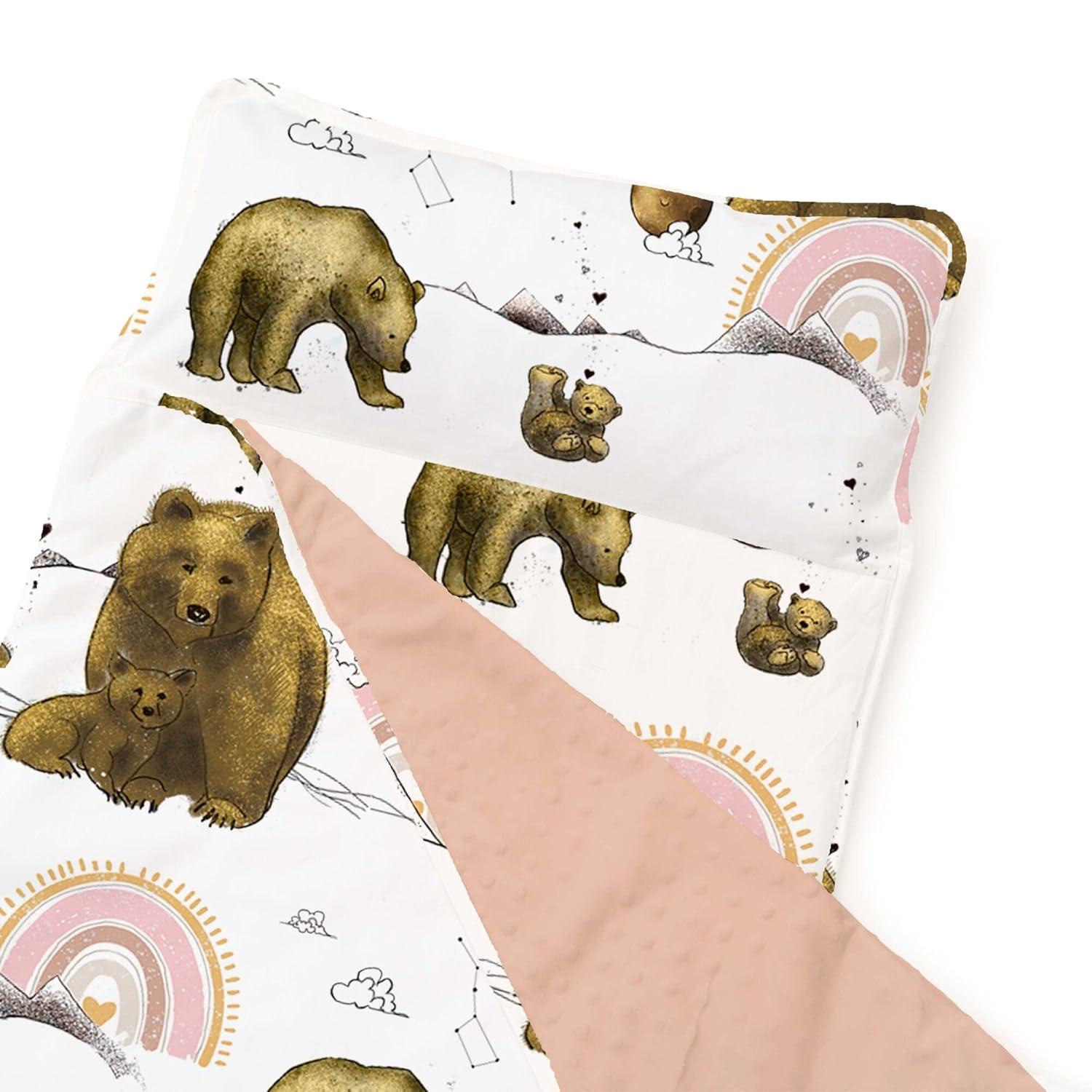 Extra Long Toddler Nap Mat - Sleeping Bag for Kids with Removable Pillow and Ultra Soft Blanket for Preschool, Daycare, and Sleepovers - Rainbow Bears